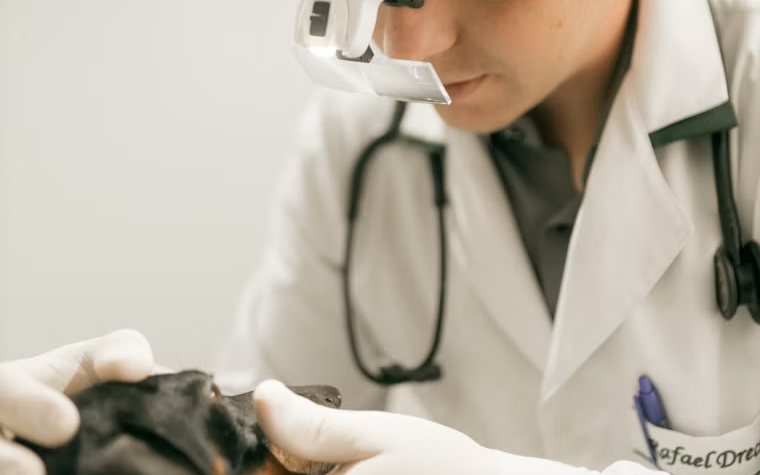 Veterinarian examining a dog during a clinical exam