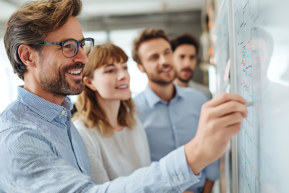 IT team reviewing standardized rollout plan on whiteboard to reduce costs