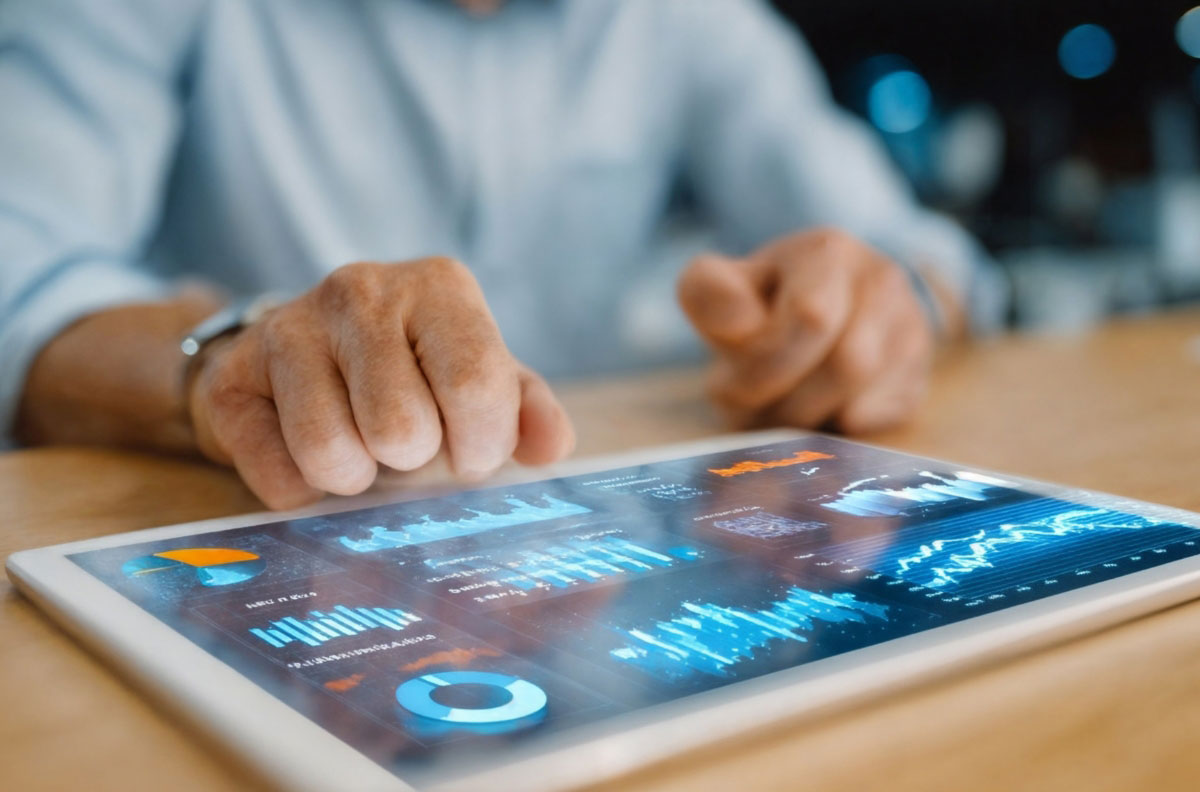 A business executive viewing a digital dashboard on a tablet displaying real-time project status, charts, and analytics