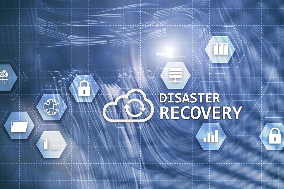 disaster recovery icons overlaid atop network cabling