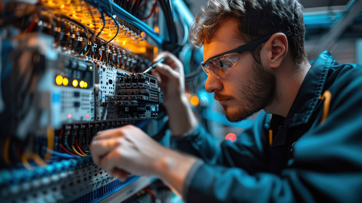 it technician checks wiring and connections